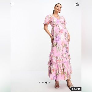 ASOS Design Maternity ruffle frill hem maxi dress in pink lurex rose print